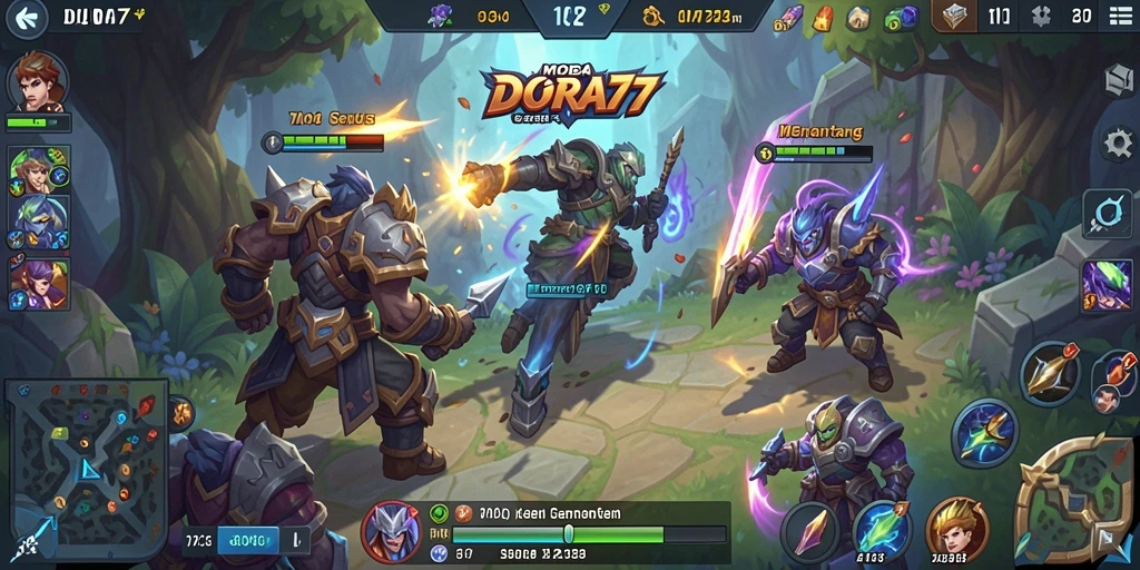 Screenshot gameplay DORA77 dengan pertarungan seru antar karakter MOBA.
