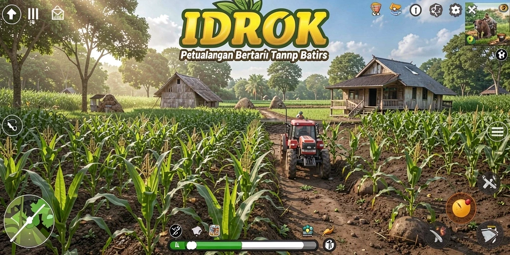 Screenshot gameplay IDROK menunjukkan ladang hijau yang subur dan hewan peliharaan.