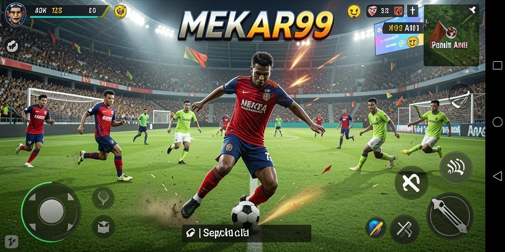 Tampilan gameplay yang intens dari MEKAR99 dalam aksi sepak bola.