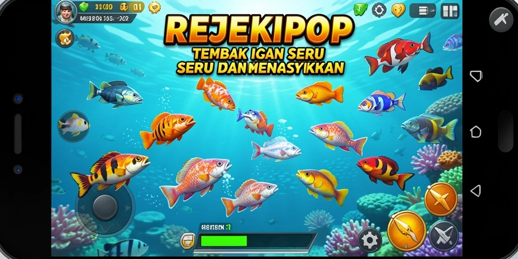 Tangkapan layar gameplay seru REJEKIPOP dengan berbagai ikan warna-warni.