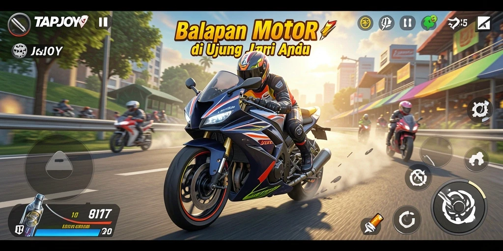 Screenshot menampilkan aksi balap motor yang menegangkan dalam TAPJOY.